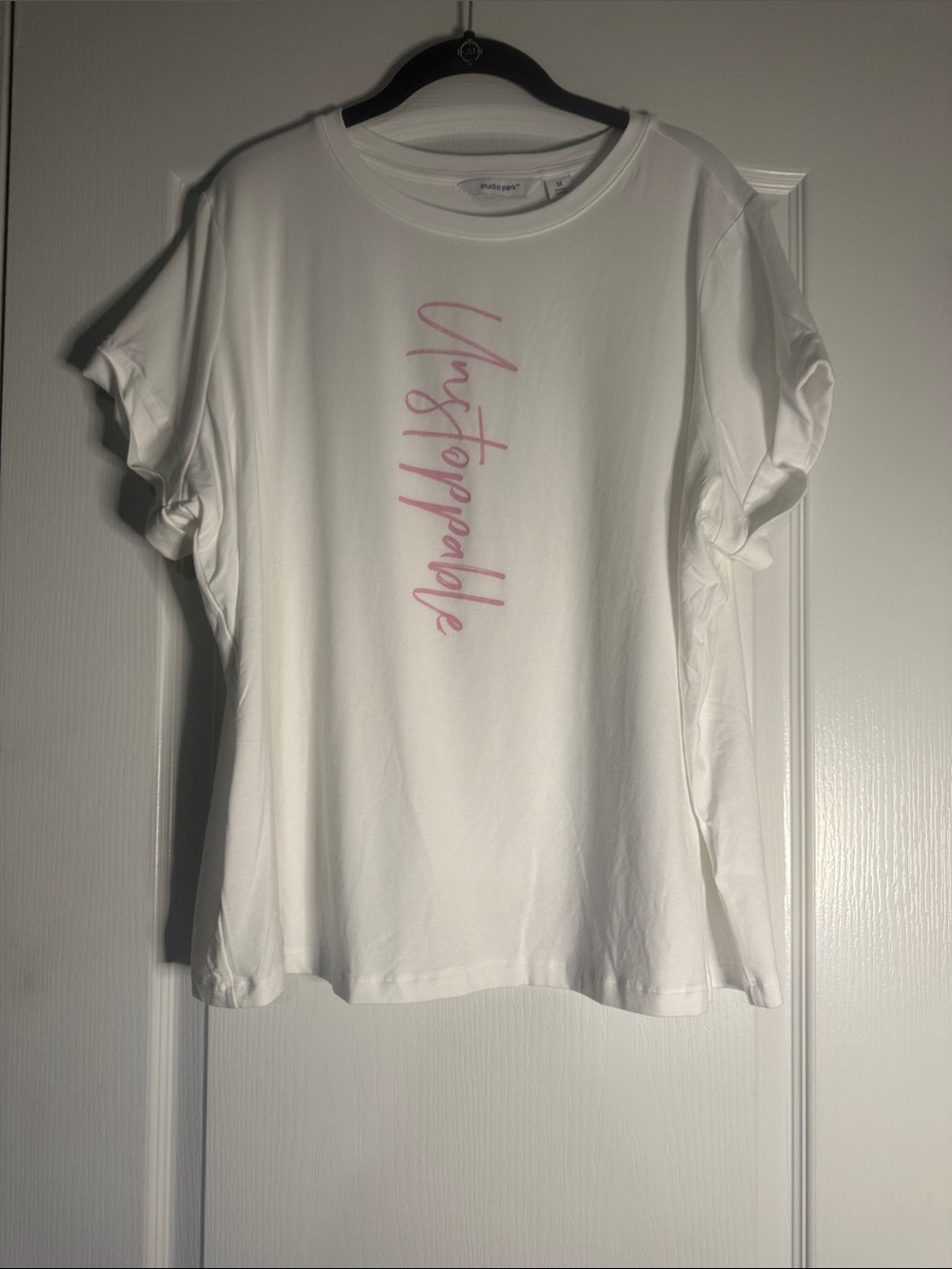 Studio ParkWhite Graphic Logo Tee with Pink Script Size 1X
